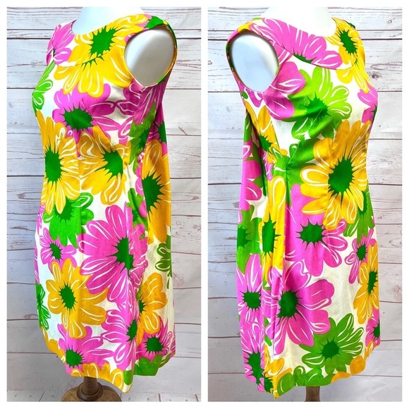 Vintage Hawaiian MCM Mid Century Mod Neon Flower Power Shift Cape Dress - Picture 6 of 14
